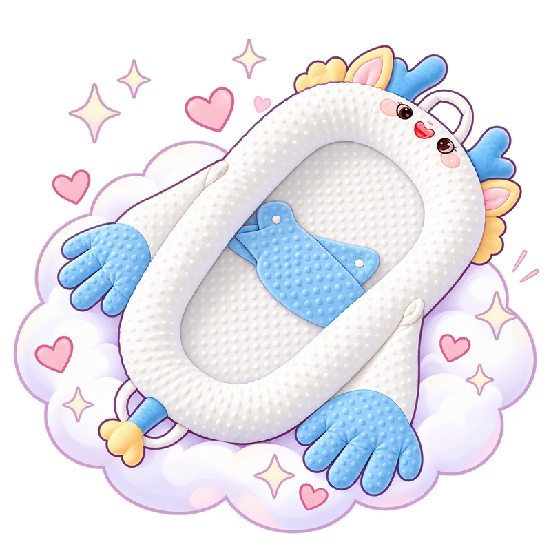 Blue Cozy Baby Lounger with character details in a cloud scene