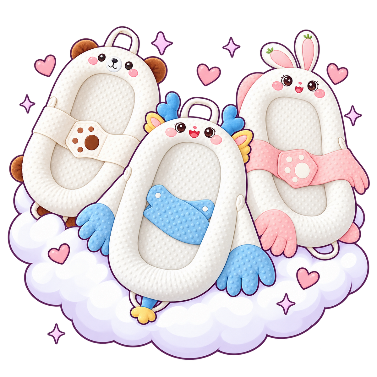 Blue, brown and pink Cozy Baby Loungers in a playful cloud scene
