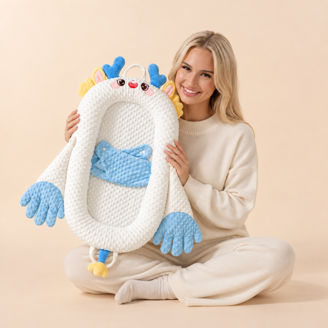 Adult holding an empty blue Cozy Baby Lounger by its carry handles